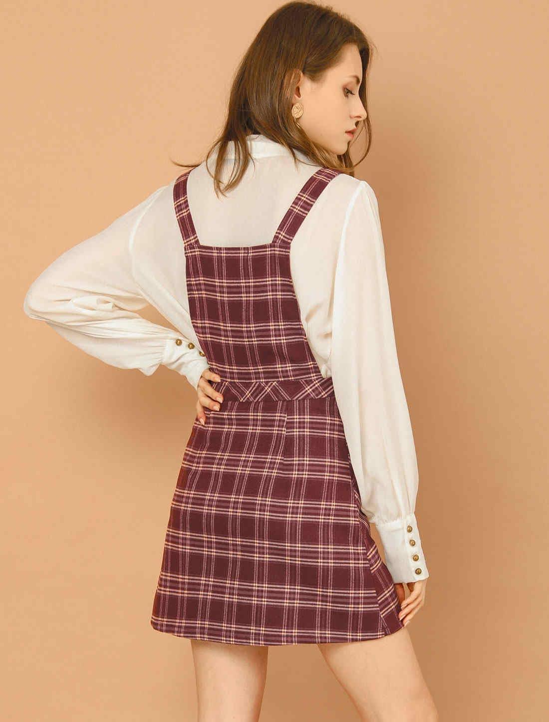 imageAllegra K Womens Christmas Plaid Tartan Skirt Button Decor ALine Pinafore Overall DressBurgundy