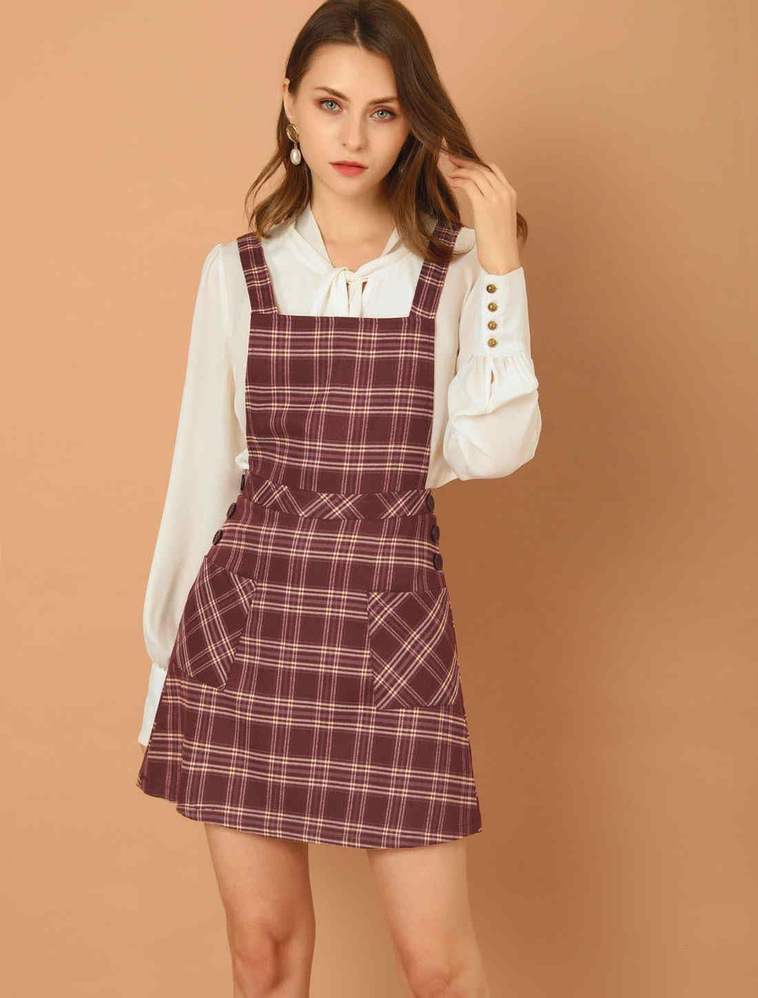 imageAllegra K Womens Christmas Plaid Tartan Skirt Button Decor ALine Pinafore Overall DressBurgundy