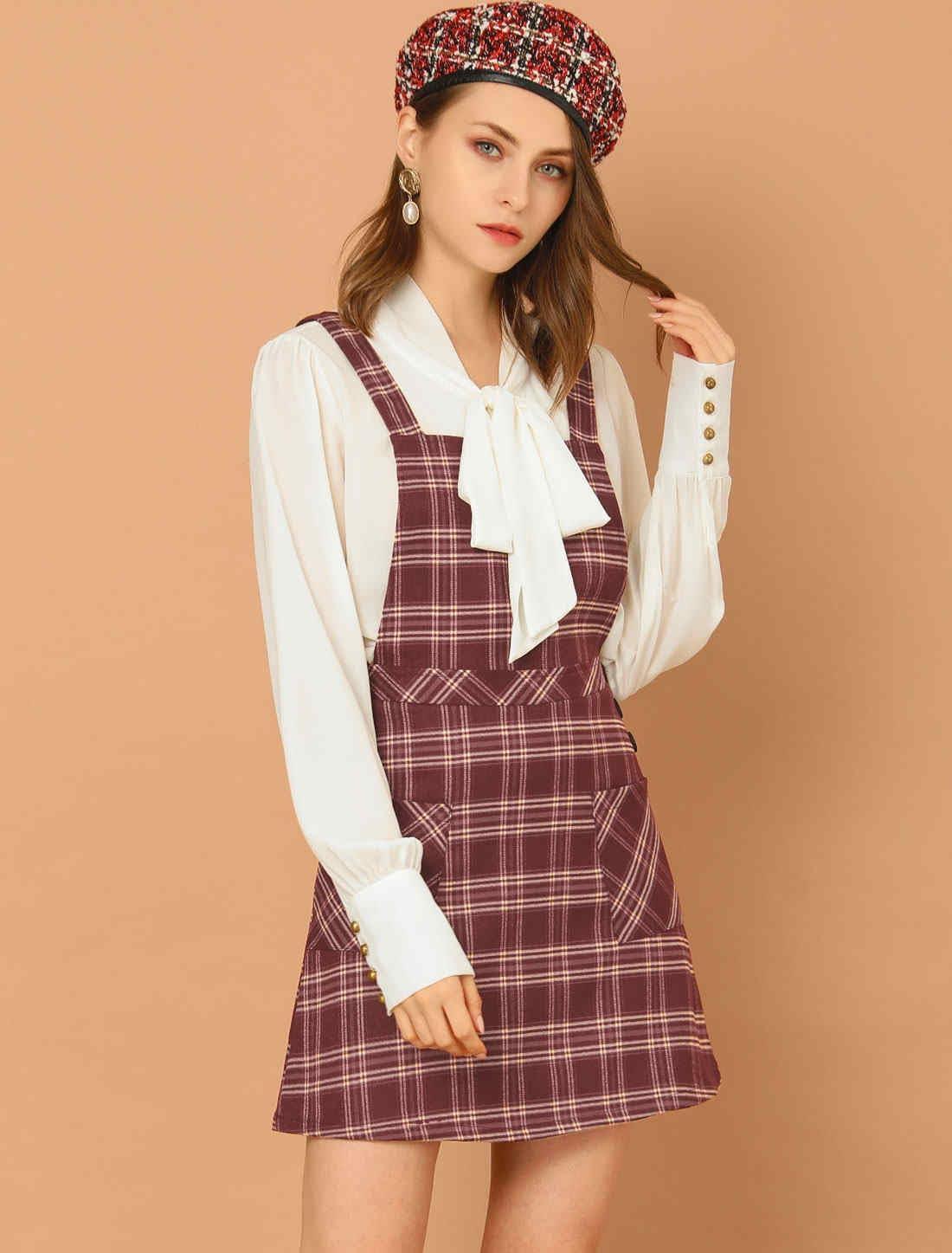 imageAllegra K Womens Christmas Plaid Tartan Skirt Button Decor ALine Pinafore Overall DressBurgundy