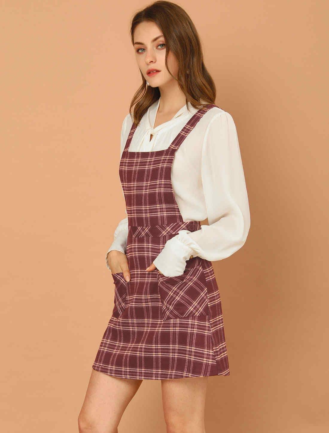 imageAllegra K Womens Christmas Plaid Tartan Skirt Button Decor ALine Pinafore Overall DressBurgundy