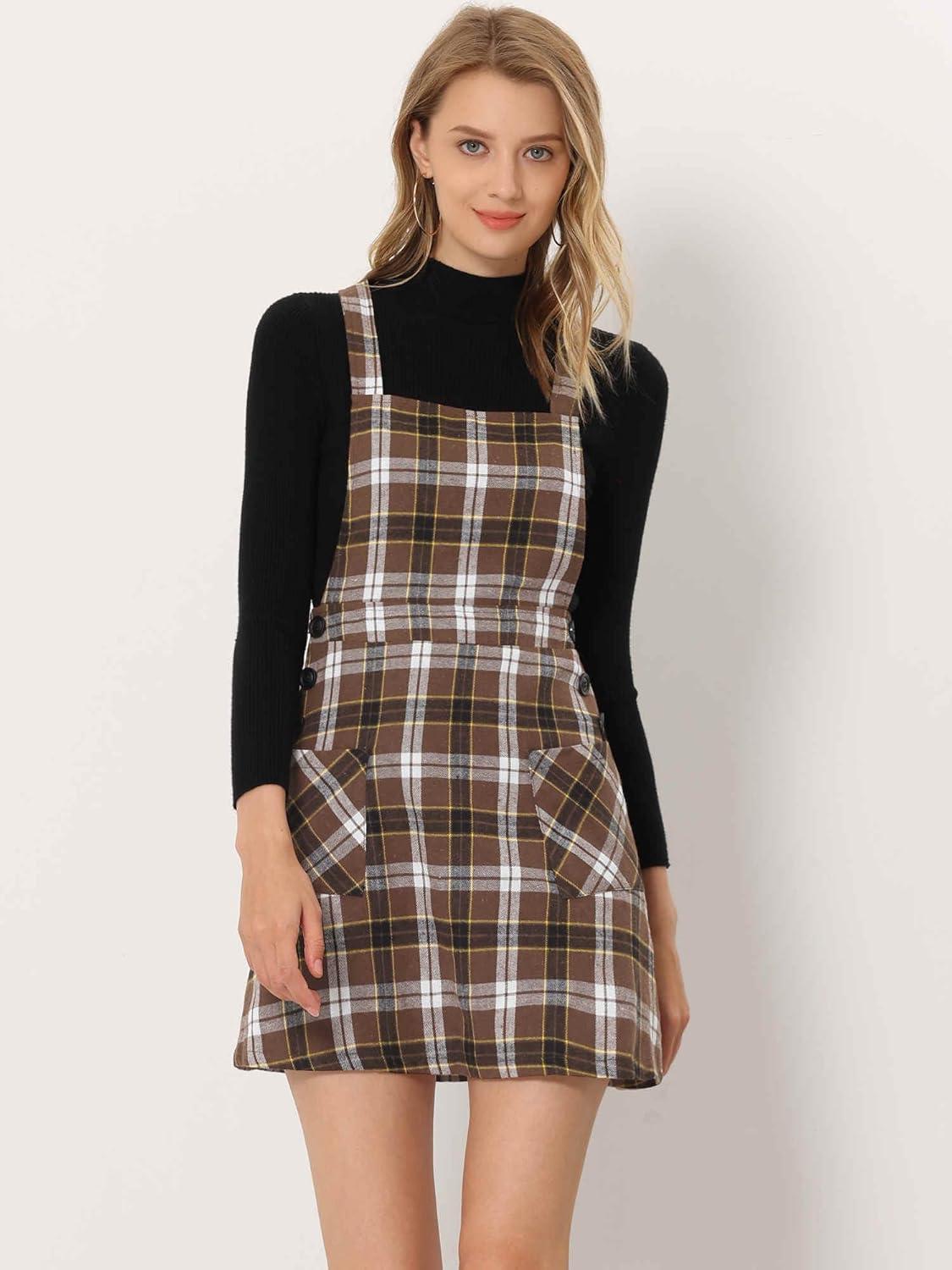 imageAllegra K Womens Christmas Plaid Tartan Skirt Button Decor ALine Pinafore Overall DressDeep Brown