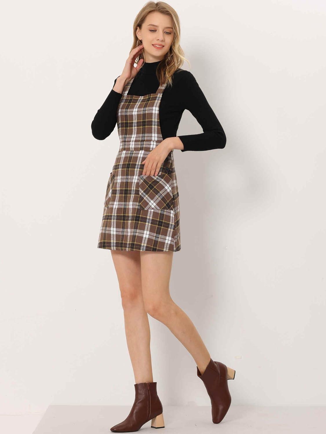 imageAllegra K Womens Christmas Plaid Tartan Skirt Button Decor ALine Pinafore Overall DressDeep Brown