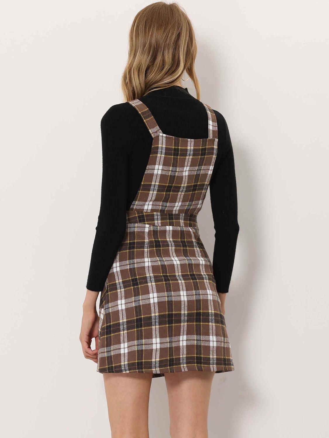 imageAllegra K Womens Christmas Plaid Tartan Skirt Button Decor ALine Pinafore Overall DressDeep Brown