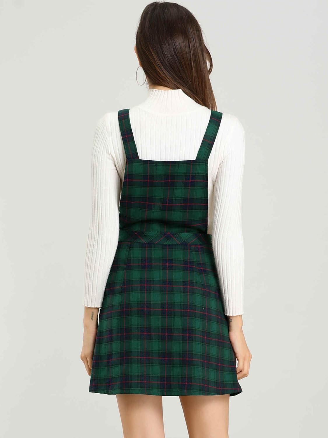 imageAllegra K Womens Christmas Plaid Tartan Skirt Button Decor ALine Pinafore Overall DressGreen