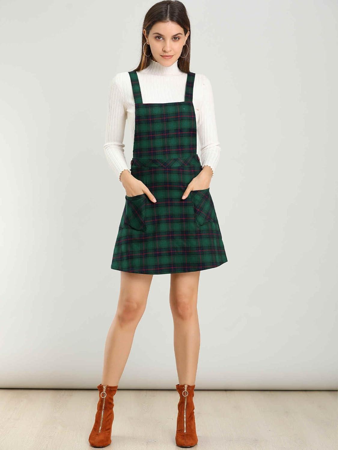 imageAllegra K Womens Christmas Plaid Tartan Skirt Button Decor ALine Pinafore Overall DressGreen