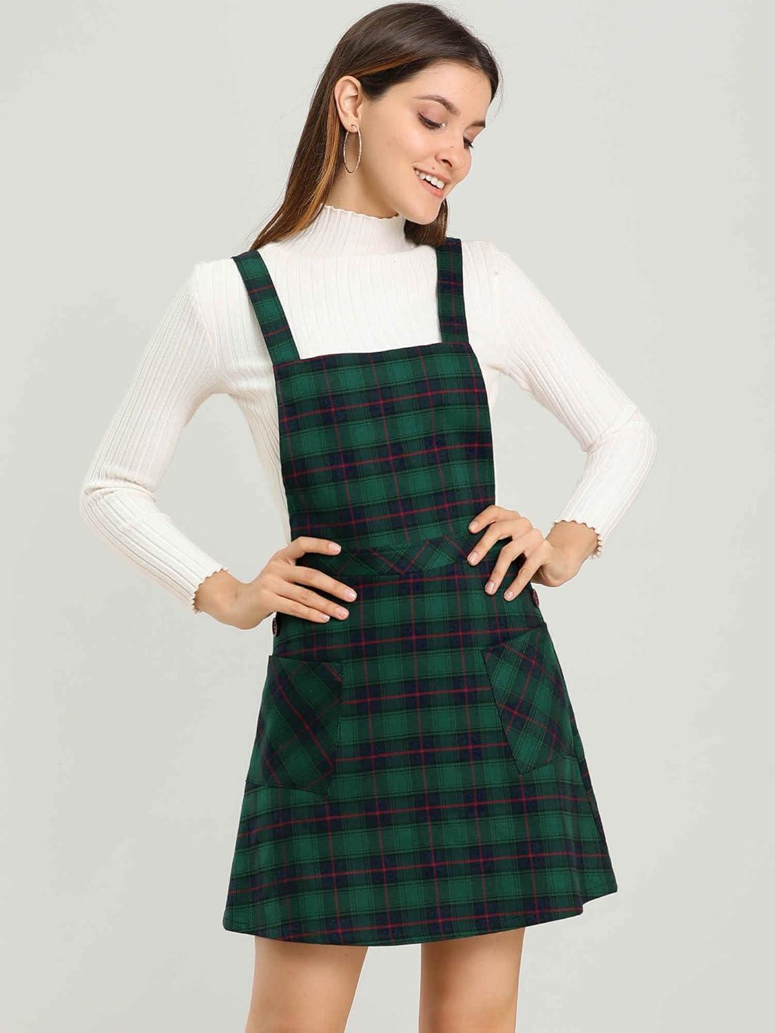imageAllegra K Womens Christmas Plaid Tartan Skirt Button Decor ALine Pinafore Overall DressGreen