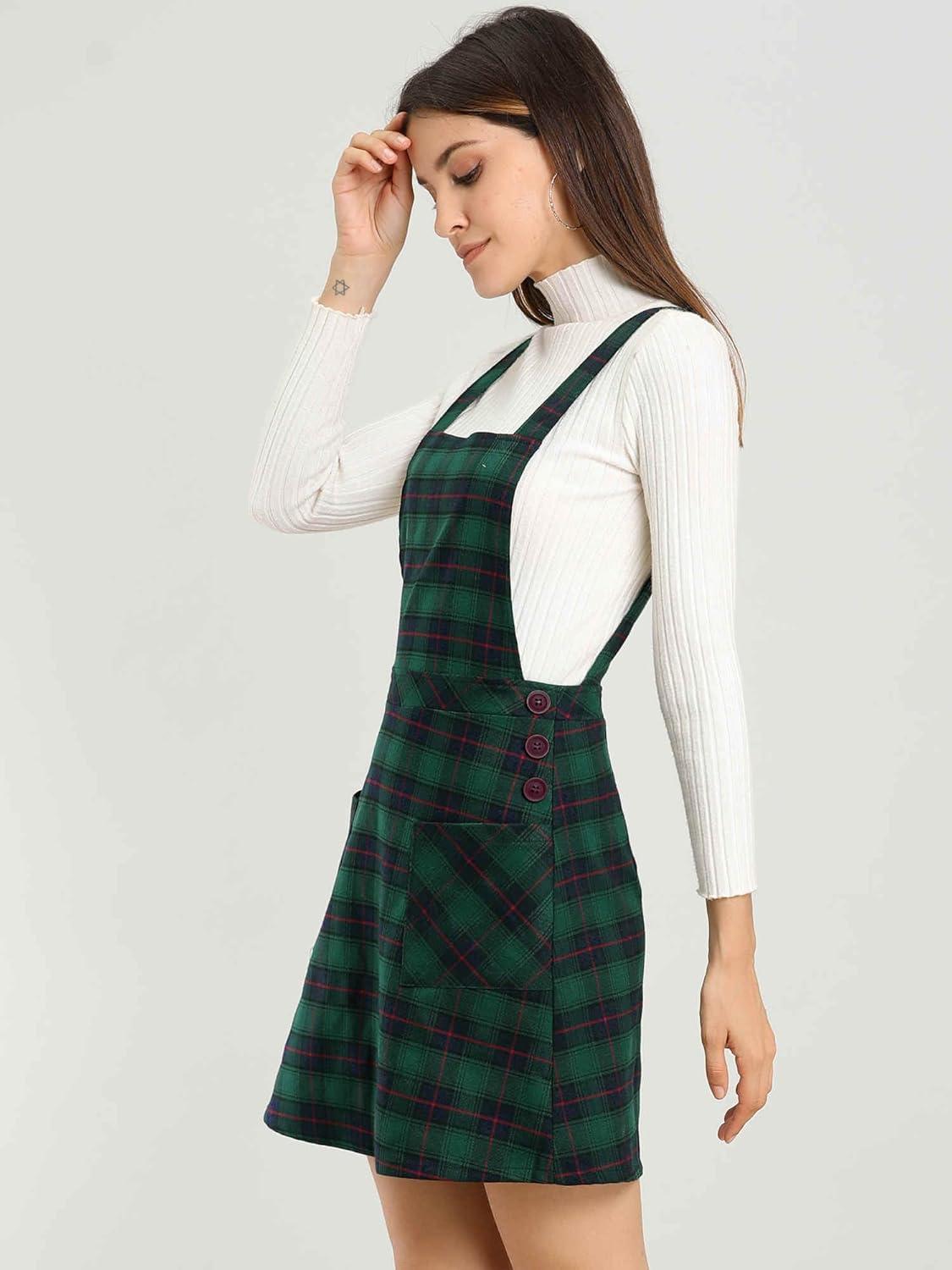 imageAllegra K Womens Christmas Plaid Tartan Skirt Button Decor ALine Pinafore Overall DressGreen