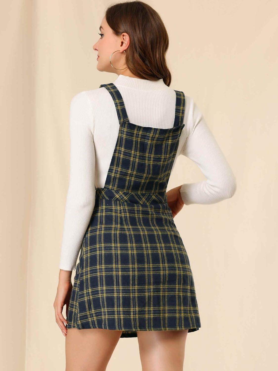 imageAllegra K Womens Christmas Plaid Tartan Skirt Button Decor ALine Pinafore Overall DressNavy Blue