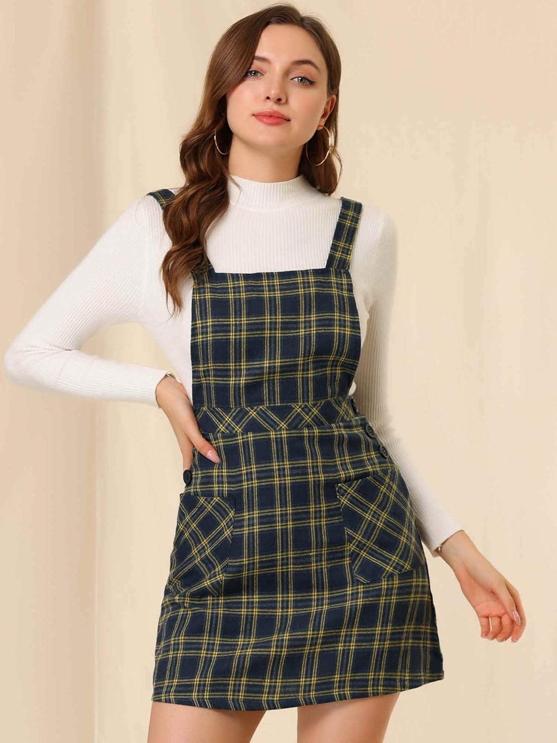imageAllegra K Womens Christmas Plaid Tartan Skirt Button Decor ALine Pinafore Overall DressNavy Blue