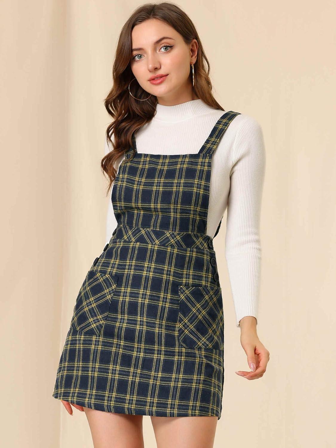 imageAllegra K Womens Christmas Plaid Tartan Skirt Button Decor ALine Pinafore Overall DressNavy Blue