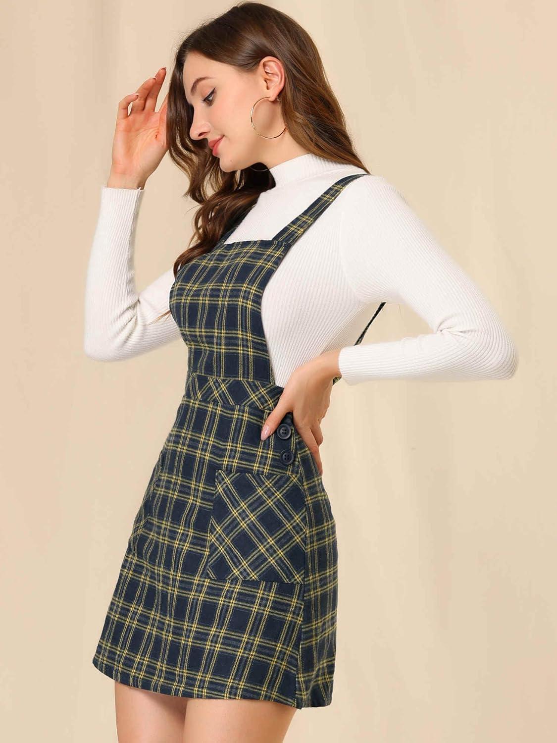 imageAllegra K Womens Christmas Plaid Tartan Skirt Button Decor ALine Pinafore Overall DressNavy Blue