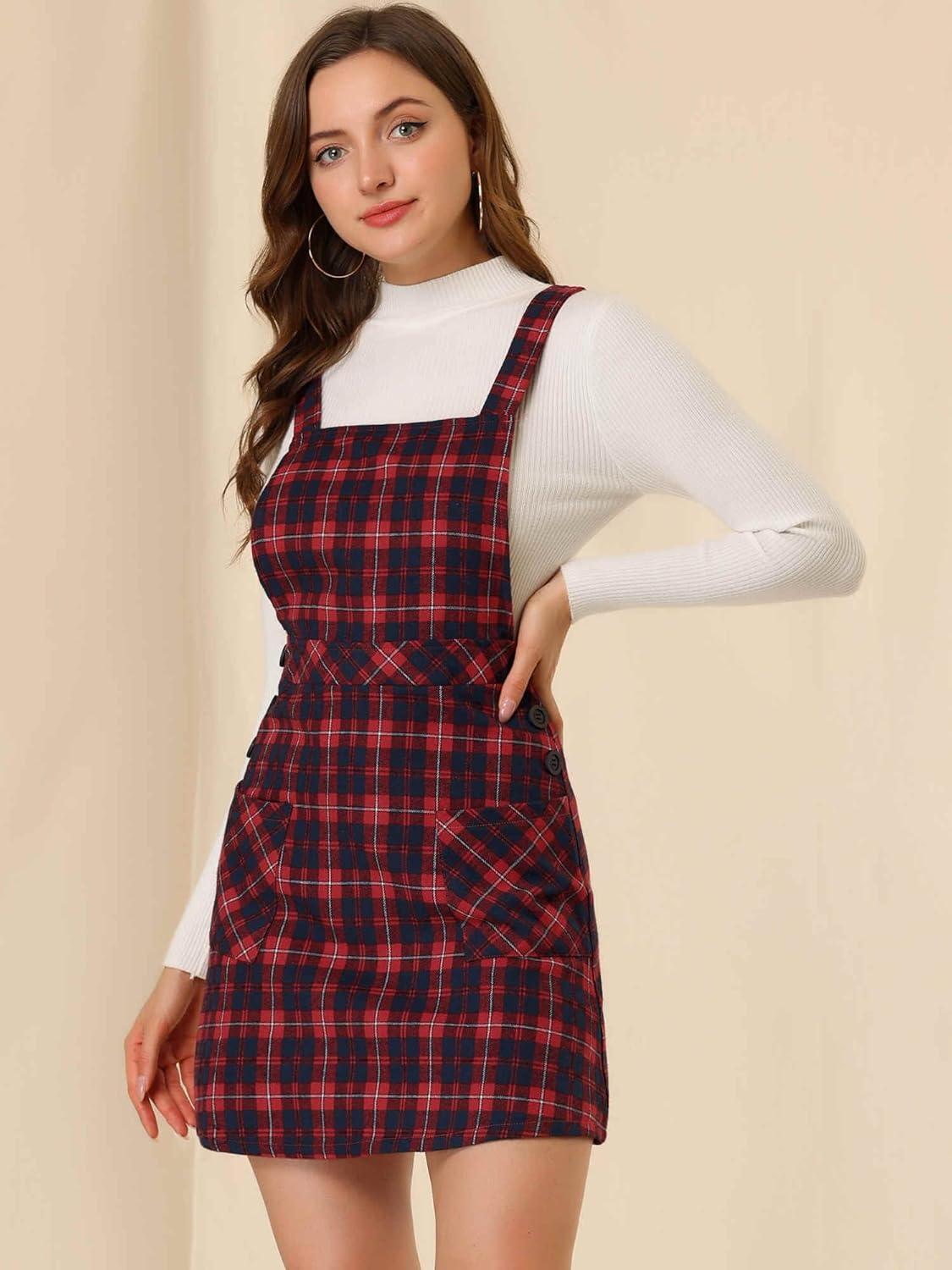 imageAllegra K Womens Christmas Plaid Tartan Skirt Button Decor ALine Pinafore Overall DressRed