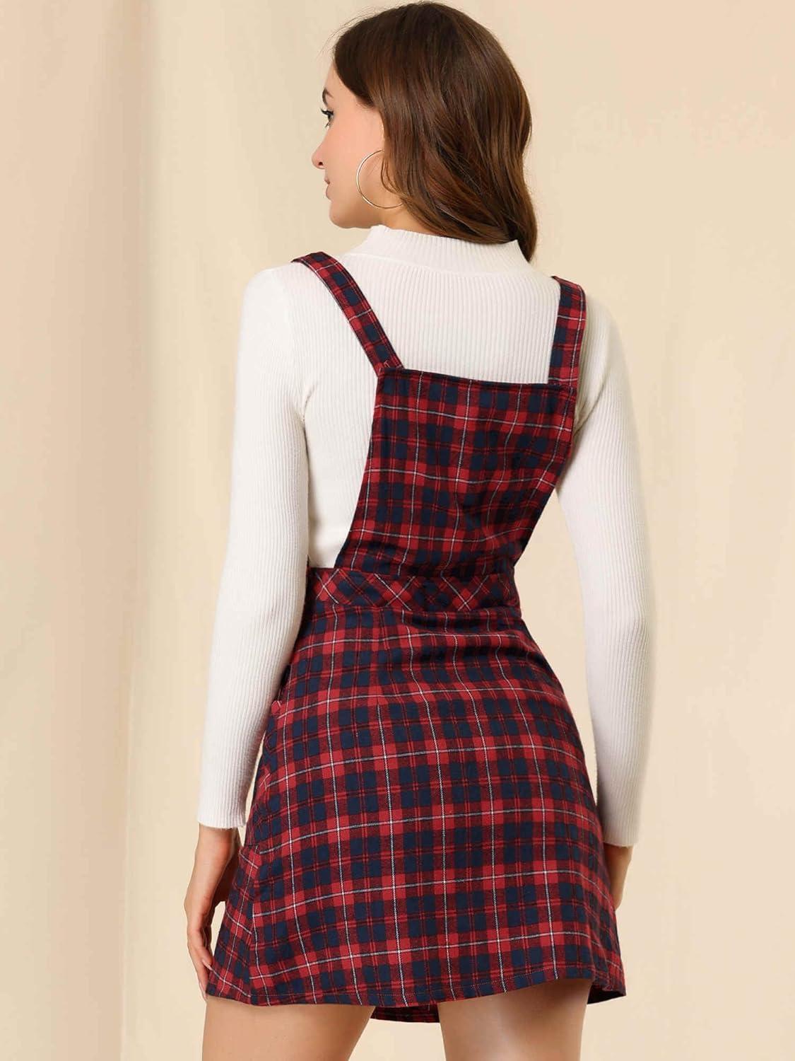 imageAllegra K Womens Christmas Plaid Tartan Skirt Button Decor ALine Pinafore Overall DressRed