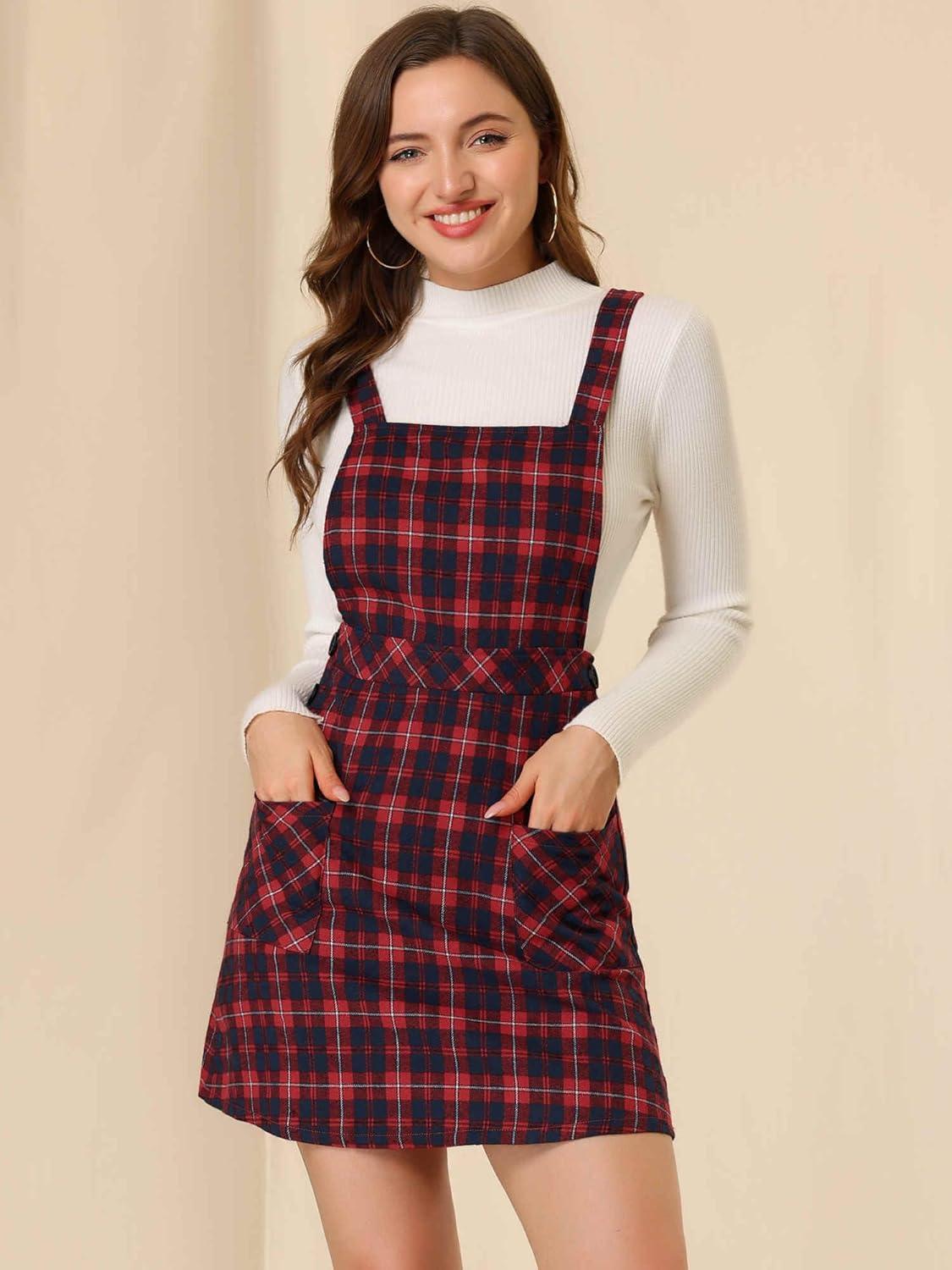 imageAllegra K Womens Christmas Plaid Tartan Skirt Button Decor ALine Pinafore Overall DressRed