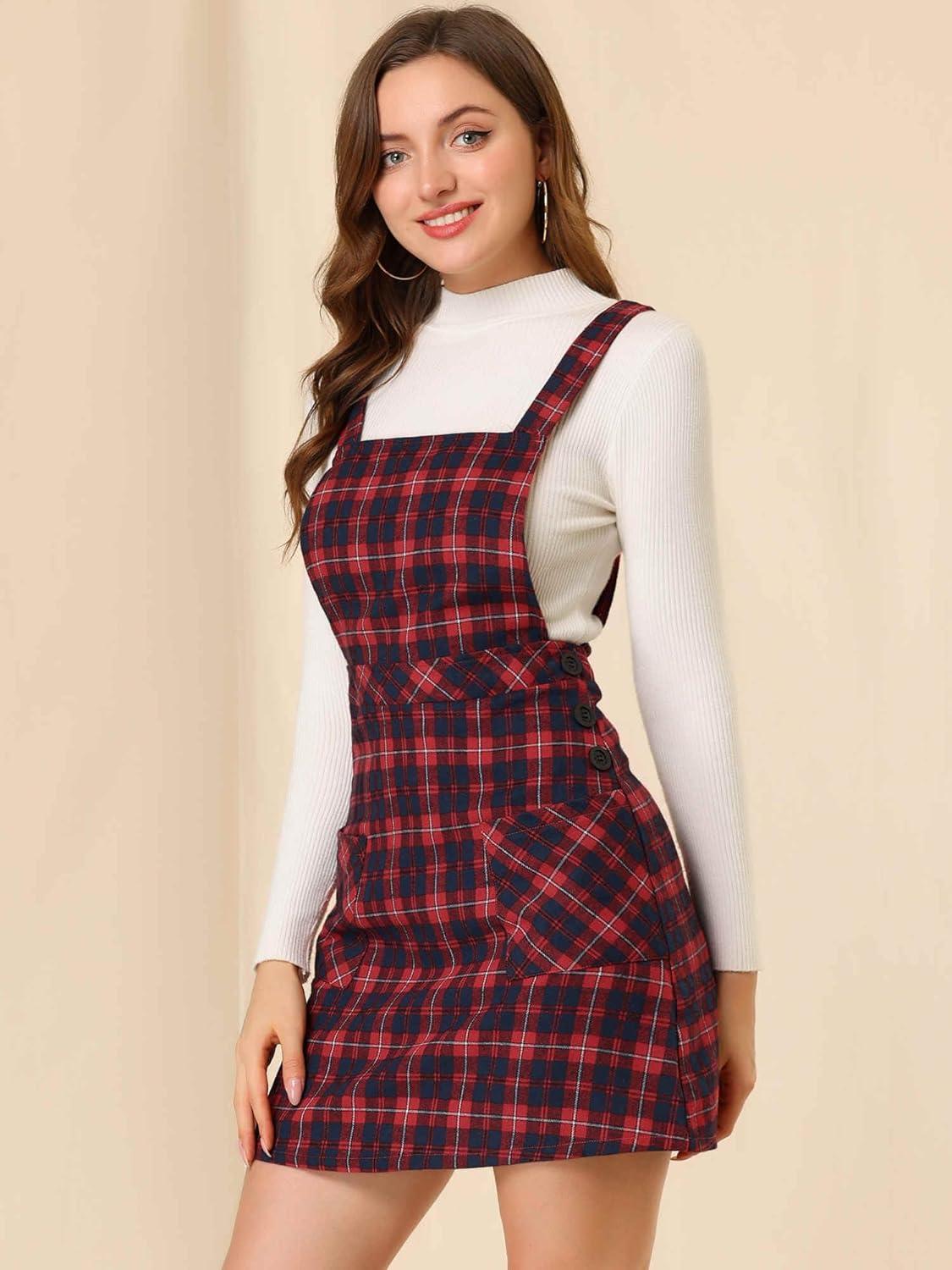 imageAllegra K Womens Christmas Plaid Tartan Skirt Button Decor ALine Pinafore Overall DressRed