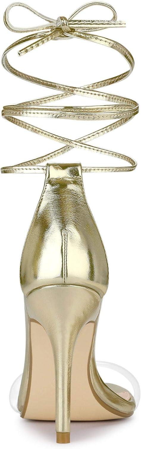 imageAllegra K Womens Clear Strap Stiletto Heel Lace Up Heels SandalsGold