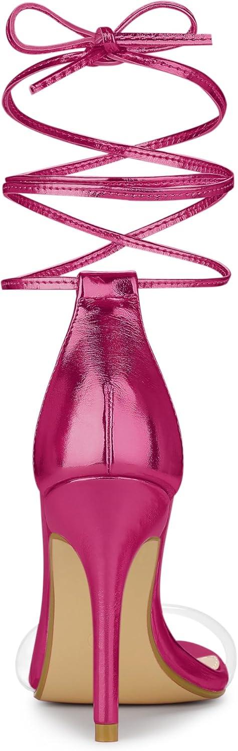 imageAllegra K Womens Clear Strap Stiletto Heel Lace Up Heels SandalsHot Pink