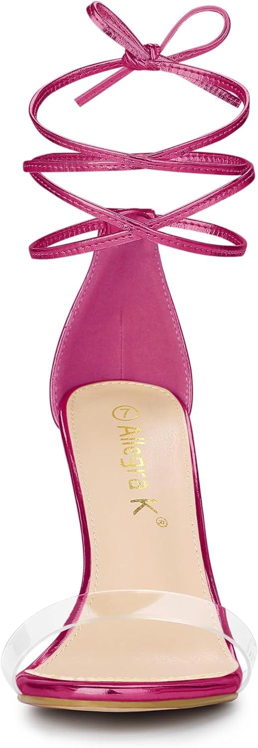 imageAllegra K Womens Clear Strap Stiletto Heel Lace Up Heels SandalsHot Pink