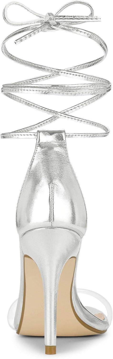 imageAllegra K Womens Clear Strap Stiletto Heel Lace Up Heels SandalsSilver