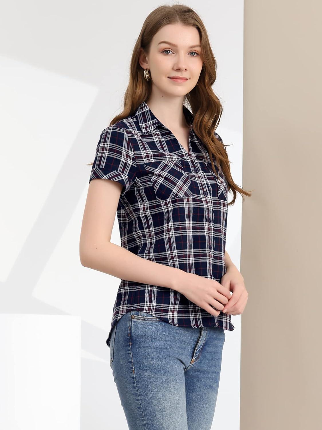 imageAllegra K Womens Cotton Classic Button Down Western Plaid ShirtDark Blue