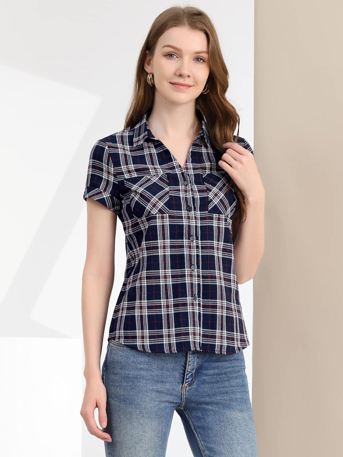 imageAllegra K Womens Cotton Classic Button Down Western Plaid ShirtDark Blue