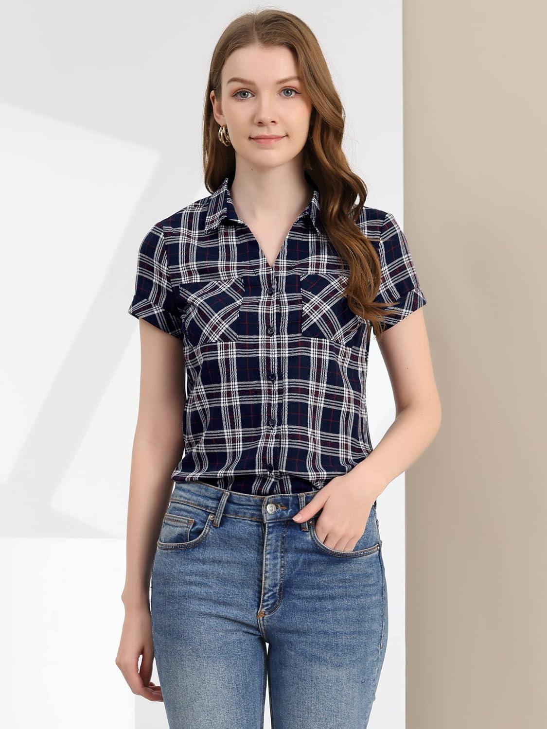 imageAllegra K Womens Cotton Classic Button Down Western Plaid ShirtDark Blue
