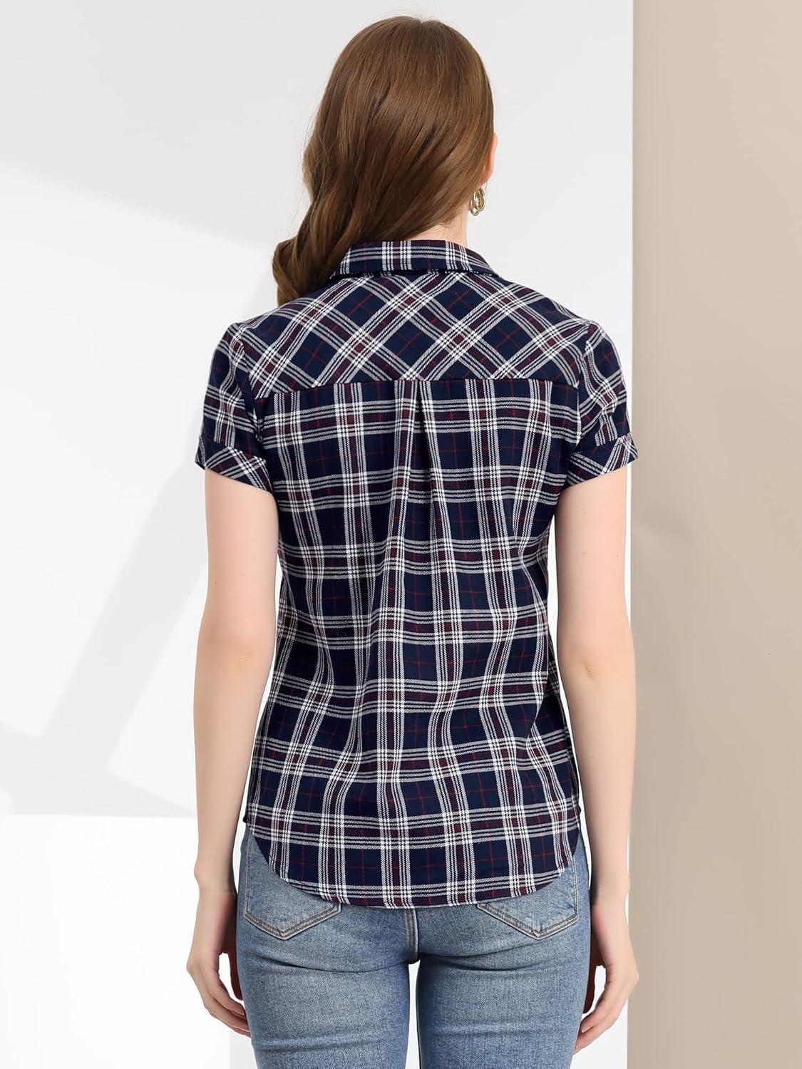 imageAllegra K Womens Cotton Classic Button Down Western Plaid ShirtDark Blue