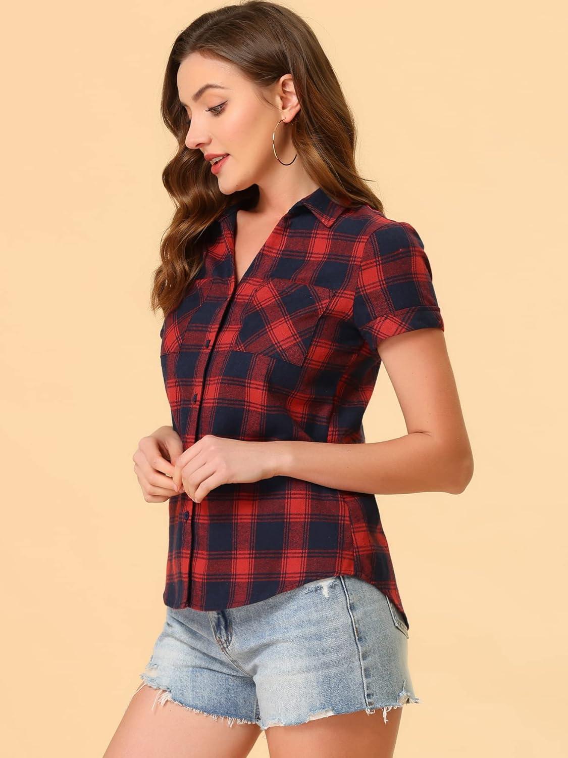 imageAllegra K Womens Cotton Classic Button Down Western Plaid ShirtDark Blue Red