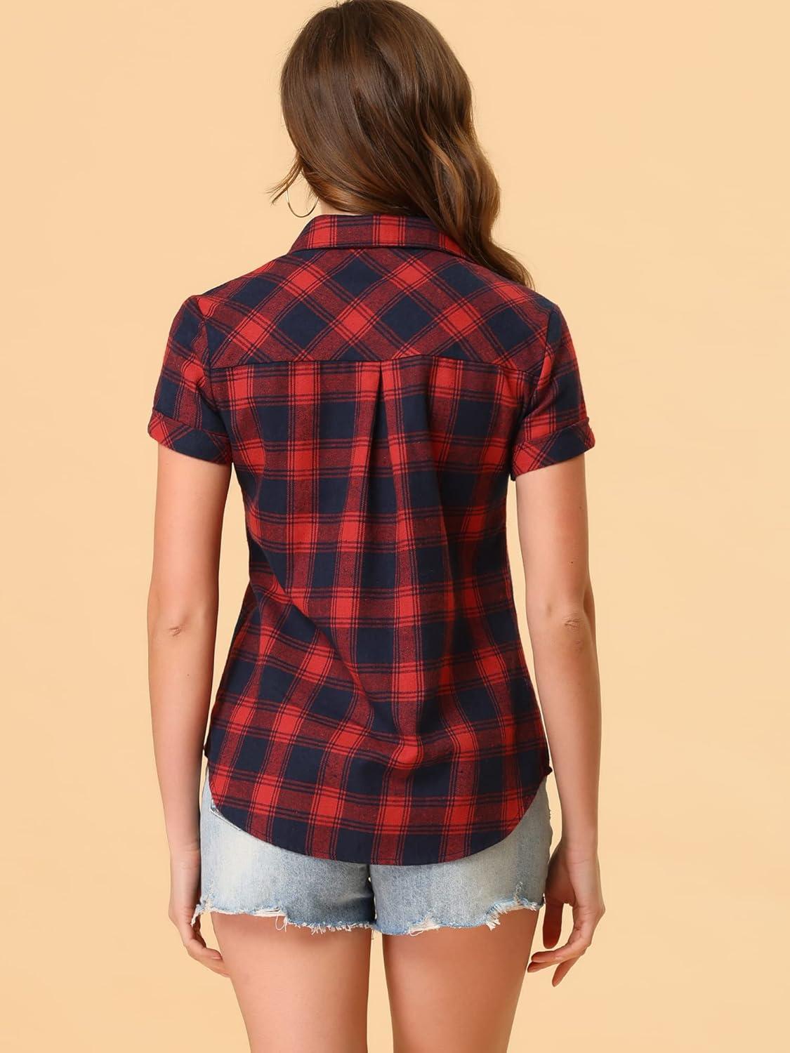 imageAllegra K Womens Cotton Classic Button Down Western Plaid ShirtDark Blue Red