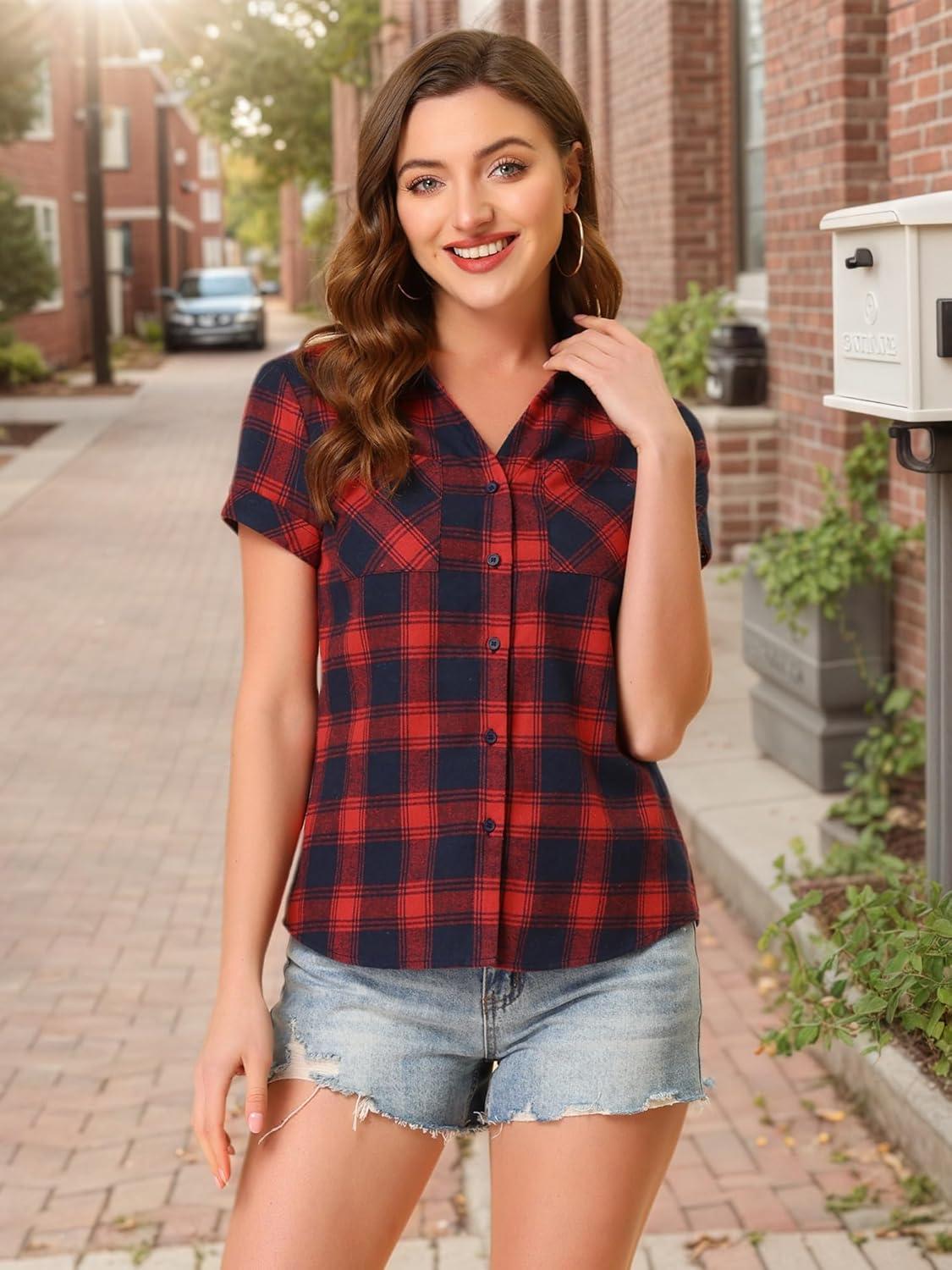 imageAllegra K Womens Cotton Classic Button Down Western Plaid ShirtDark Blue Red