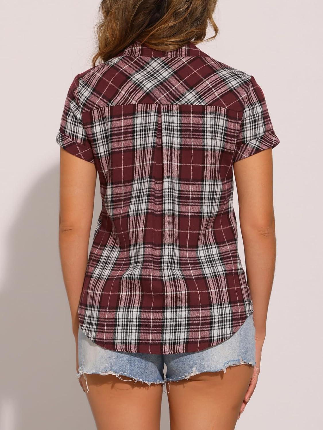 imageAllegra K Womens Cotton Classic Button Down Western Plaid ShirtDeep Red