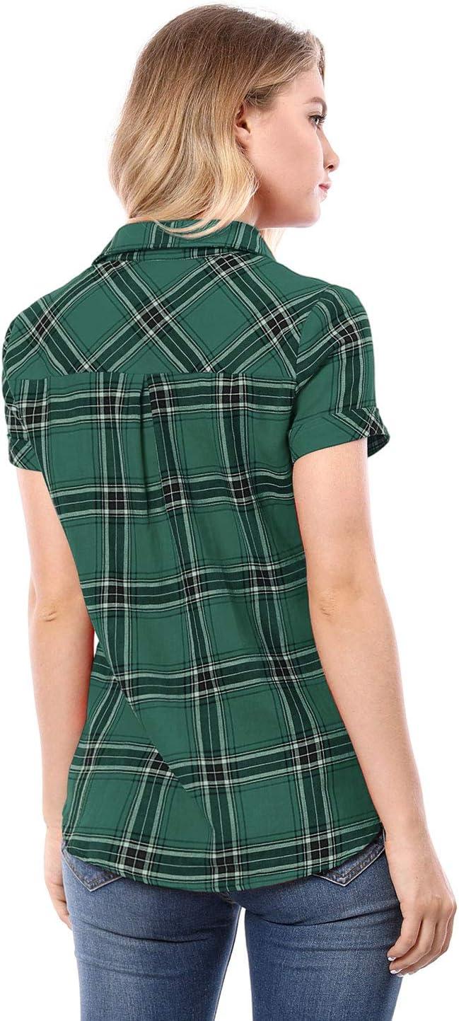 imageAllegra K Womens Cotton Classic Button Down Western Plaid ShirtGreen