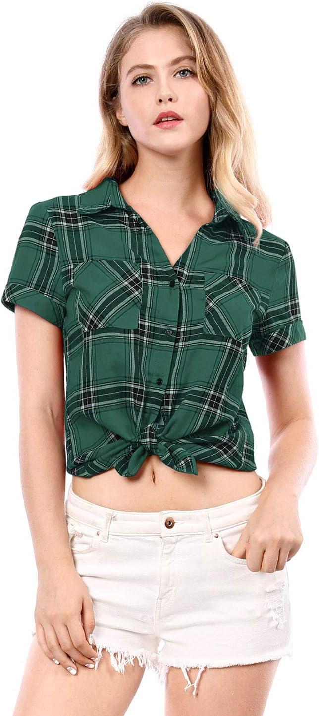 imageAllegra K Womens Cotton Classic Button Down Western Plaid ShirtGreen