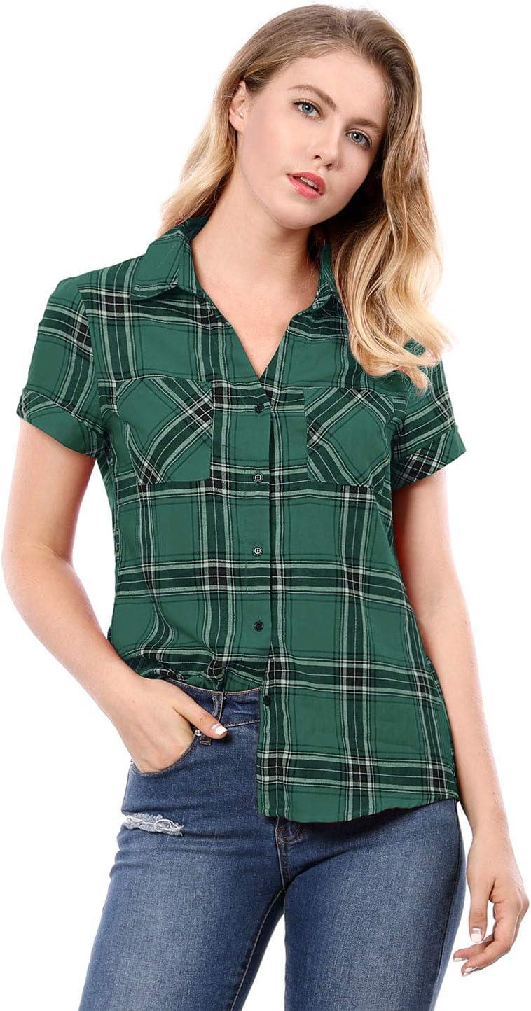 imageAllegra K Womens Cotton Classic Button Down Western Plaid ShirtGreen