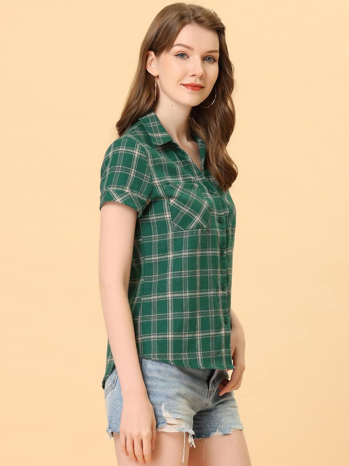 imageAllegra K Womens Cotton Classic Button Down Western Plaid ShirtGreen Beige