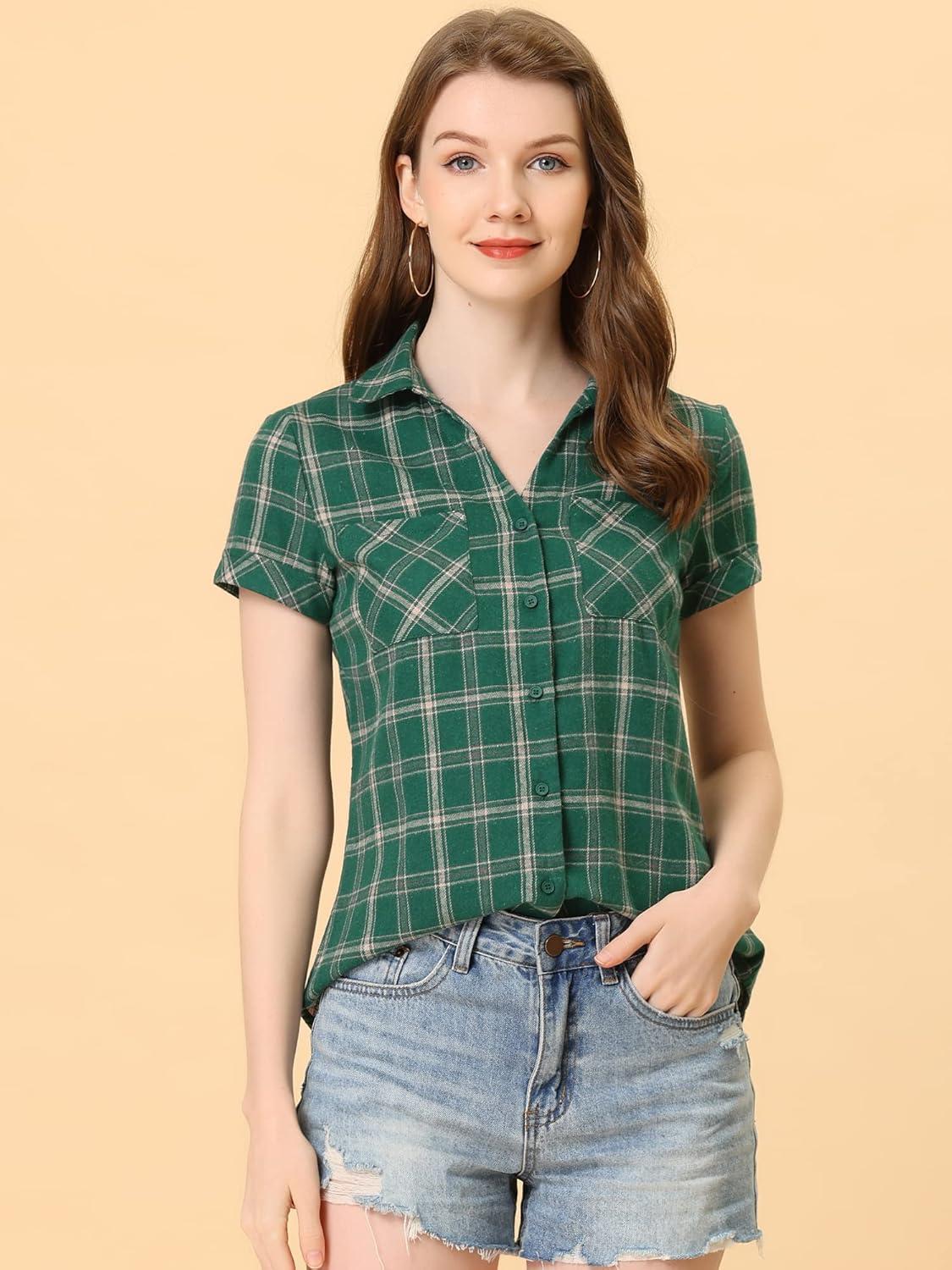 imageAllegra K Womens Cotton Classic Button Down Western Plaid ShirtGreen Beige
