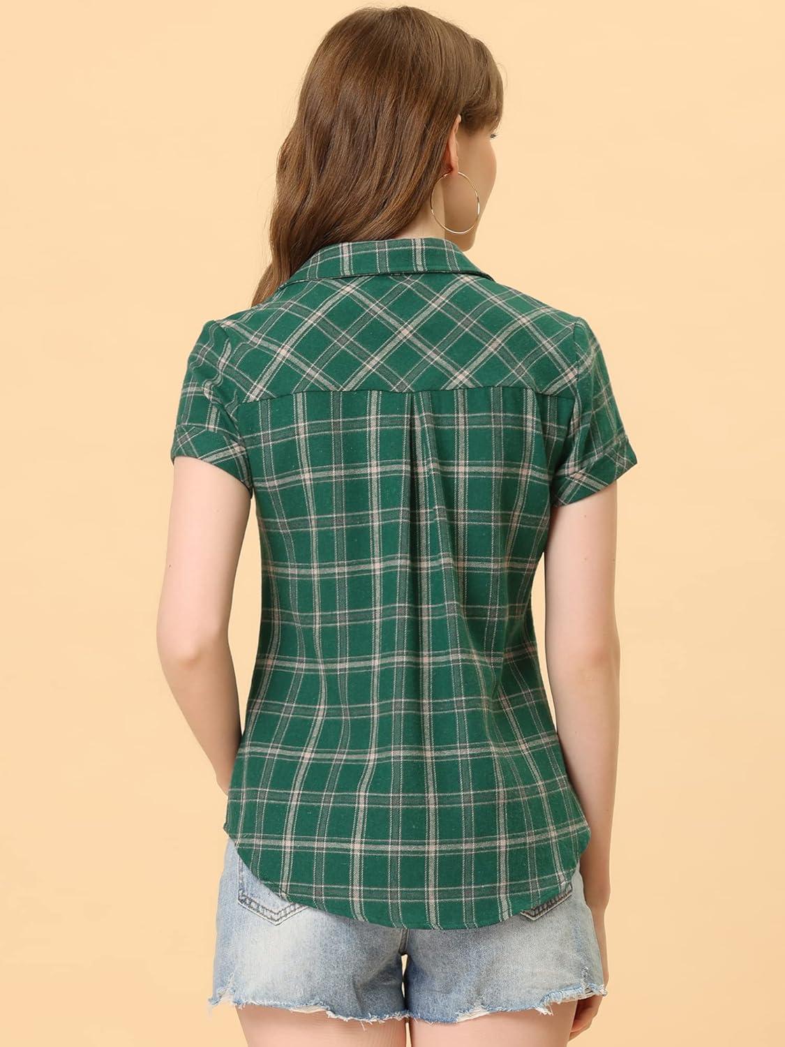 imageAllegra K Womens Cotton Classic Button Down Western Plaid ShirtGreen Beige