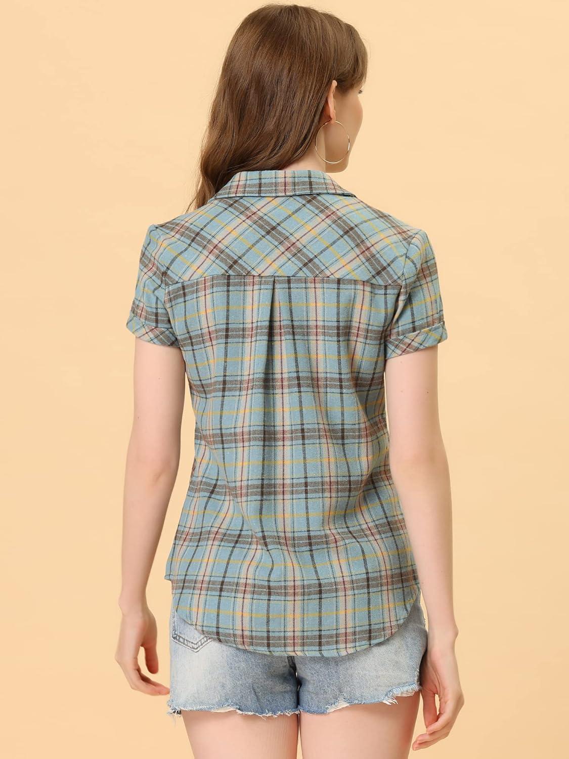 imageAllegra K Womens Cotton Classic Button Down Western Plaid ShirtGrey Blue