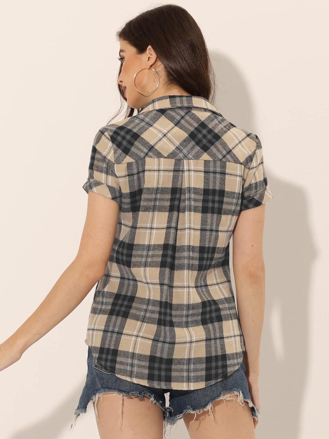 imageAllegra K Womens Cotton Classic Button Down Western Plaid ShirtKhaki Black