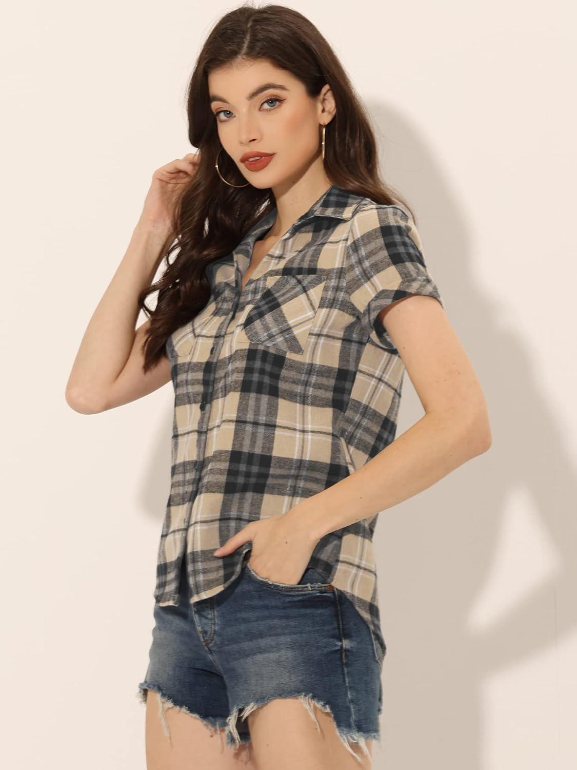 imageAllegra K Womens Cotton Classic Button Down Western Plaid ShirtKhaki Black
