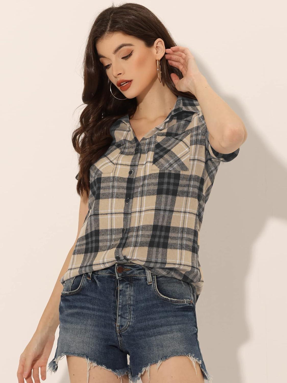 imageAllegra K Womens Cotton Classic Button Down Western Plaid ShirtKhaki Black