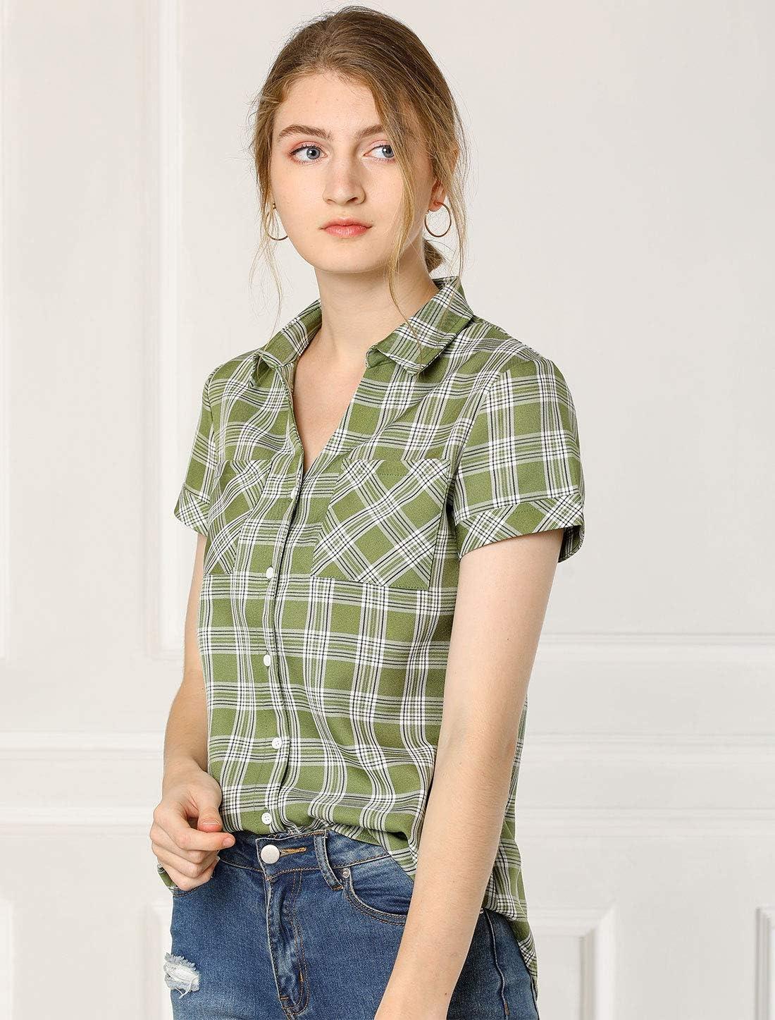 imageAllegra K Womens Cotton Classic Button Down Western Plaid ShirtLight Green