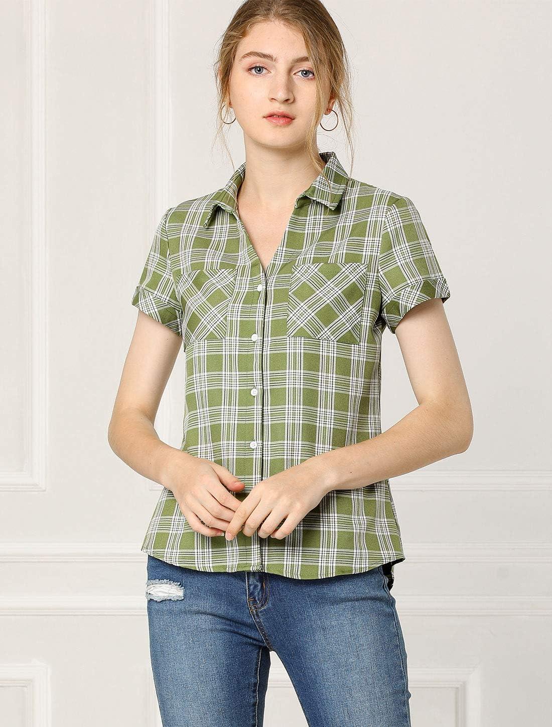imageAllegra K Womens Cotton Classic Button Down Western Plaid ShirtLight Green