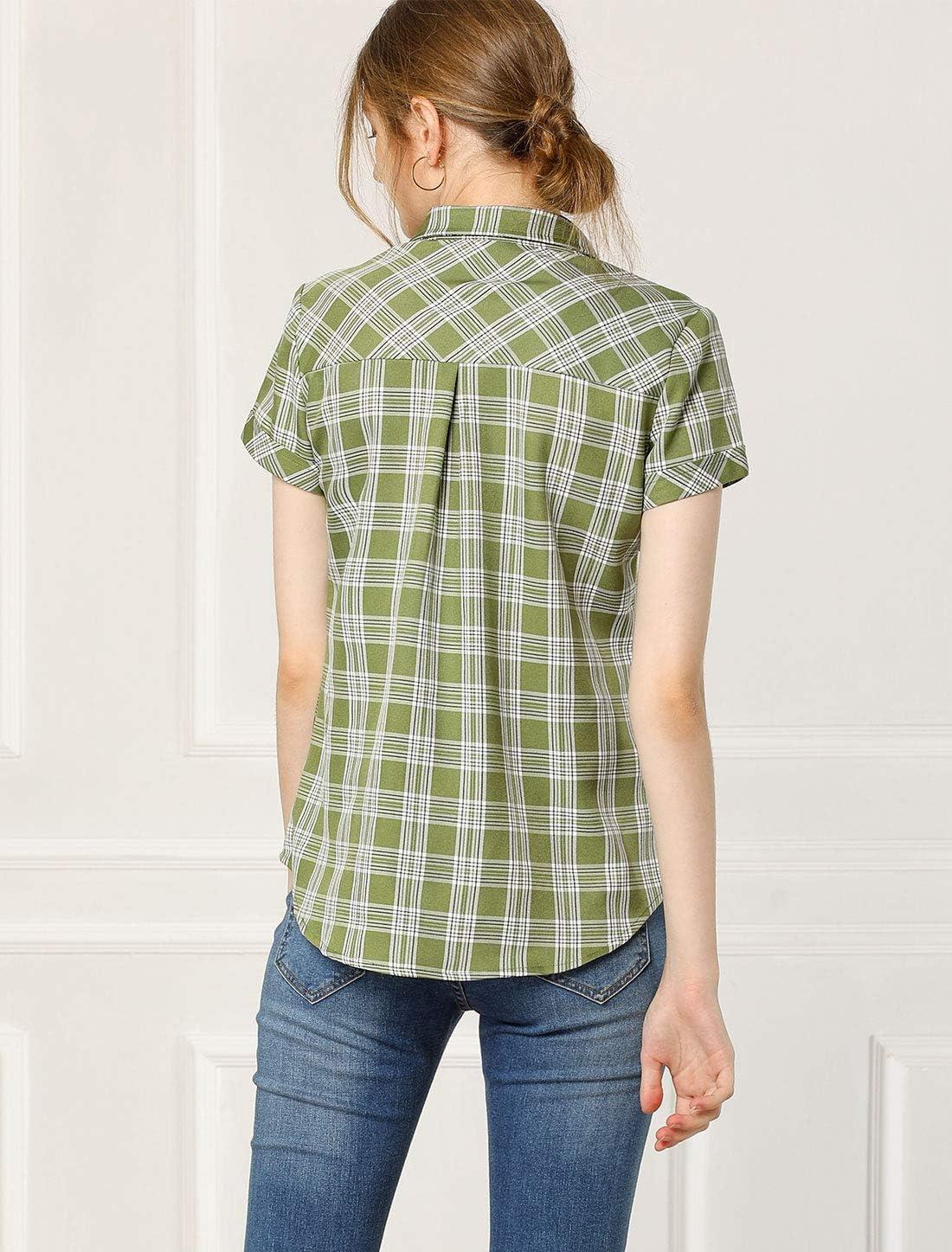imageAllegra K Womens Cotton Classic Button Down Western Plaid ShirtLight Green
