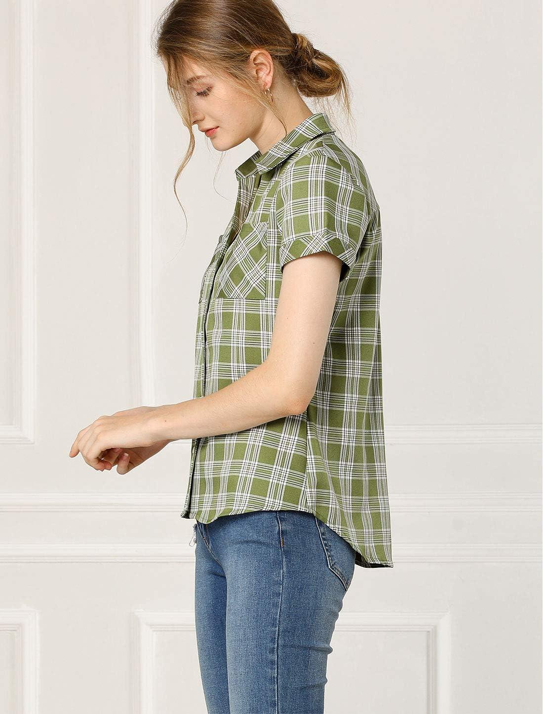 imageAllegra K Womens Cotton Classic Button Down Western Plaid ShirtLight Green