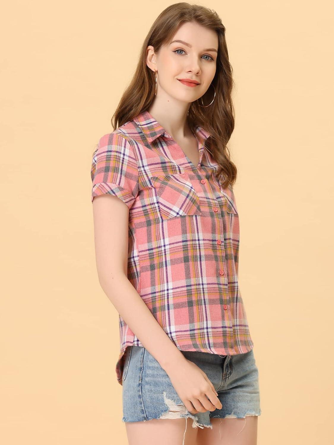 imageAllegra K Womens Cotton Classic Button Down Western Plaid ShirtLight Pink