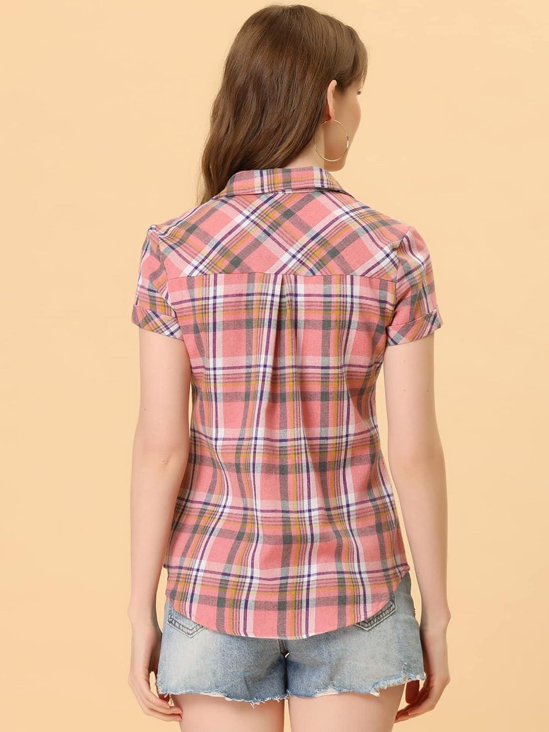 imageAllegra K Womens Cotton Classic Button Down Western Plaid ShirtLight Pink