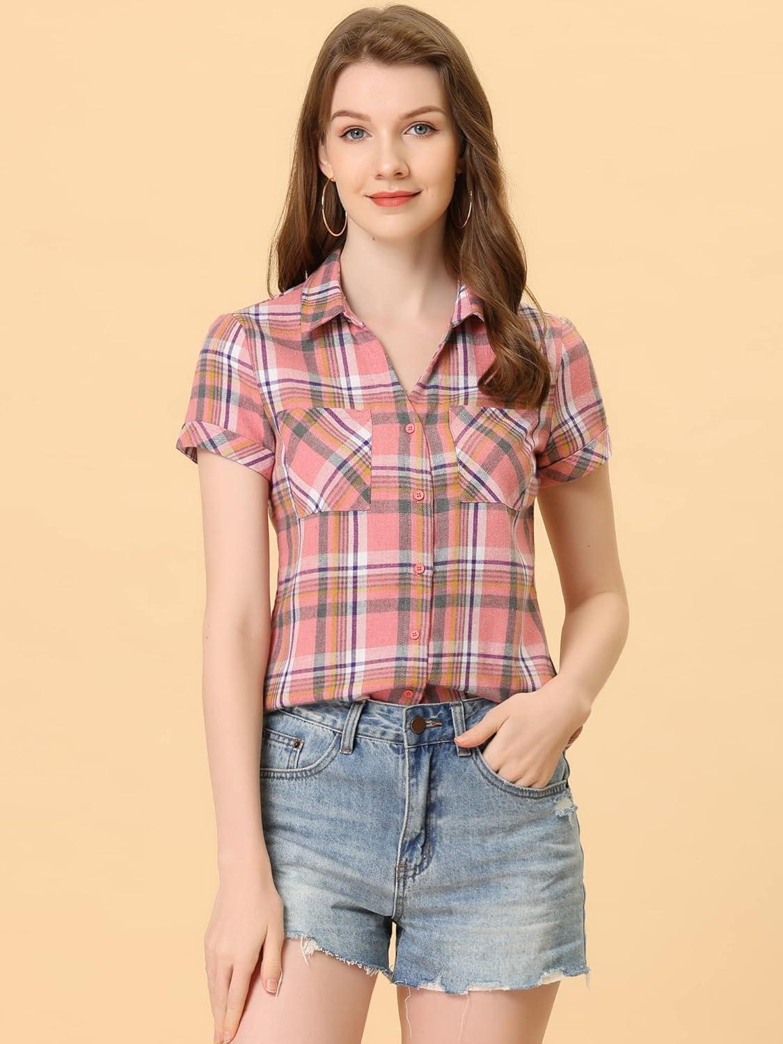 imageAllegra K Womens Cotton Classic Button Down Western Plaid ShirtLight Pink