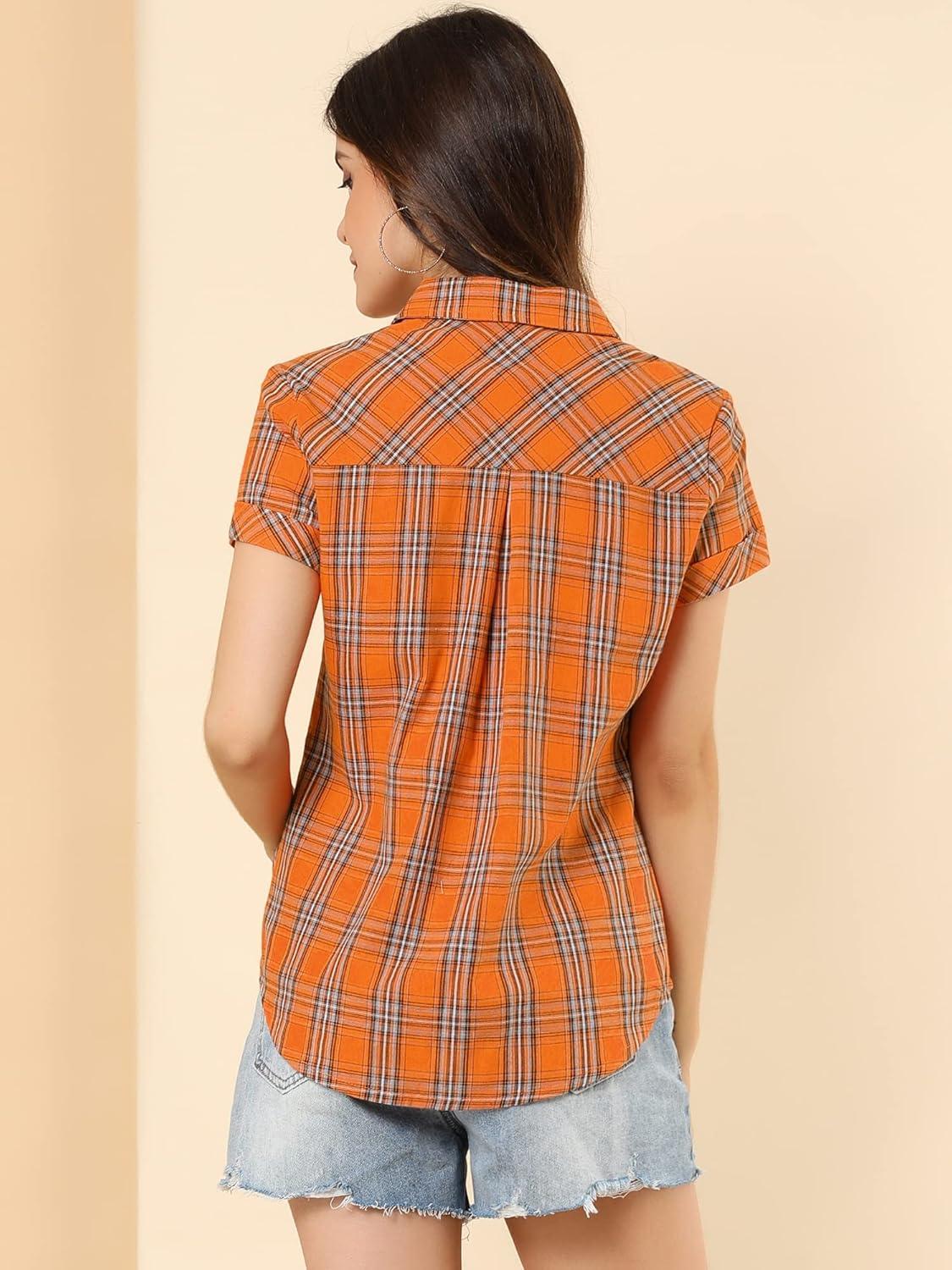 imageAllegra K Womens Cotton Classic Button Down Western Plaid ShirtOrange