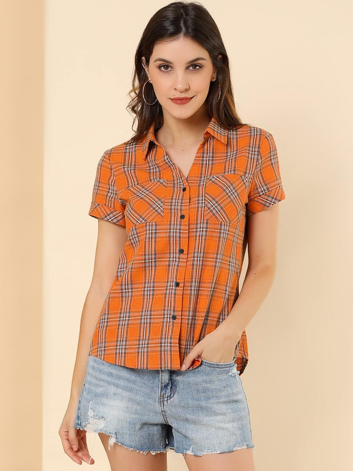 imageAllegra K Womens Cotton Classic Button Down Western Plaid ShirtOrange